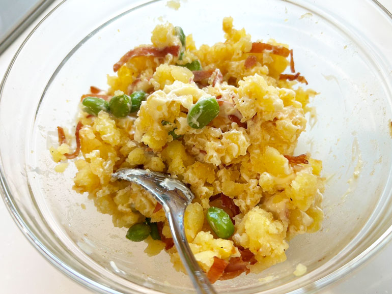にんにく醤油香る!香ばしベーコンと枝豆のおつまみポテトサラダ|伊彌彦ちゃまめ
