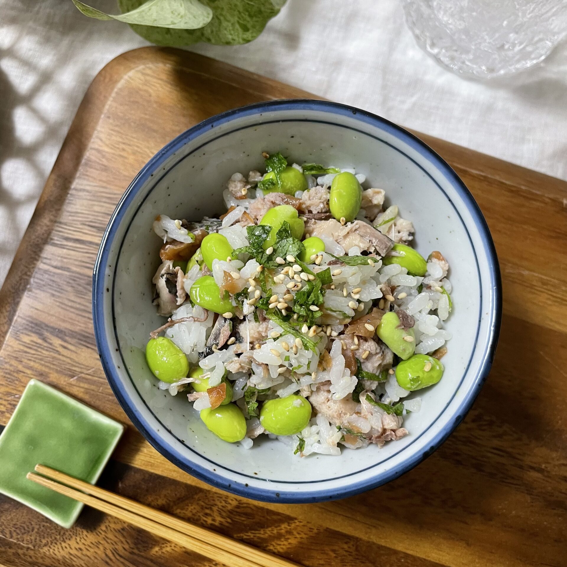 お手軽♪枝豆と鯖の大葉うめごはん｜伊彌彦ちゃまめ